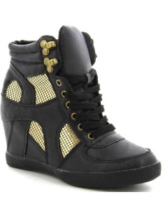 Basket femme compensée simili cuir noir aspect usé à lacets et mailles dorées Bloom