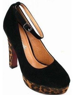 Escarpin femme à talon aspect daim noir et léopard LOLA