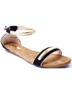 Sandale femme simili cuir noir à barrette dorée BELLA