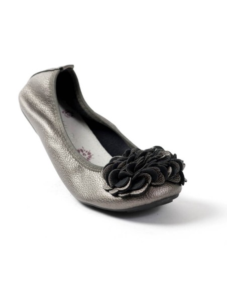 Ballerine gris métal pour femme qualité supérieure à fleurs MONCEAU