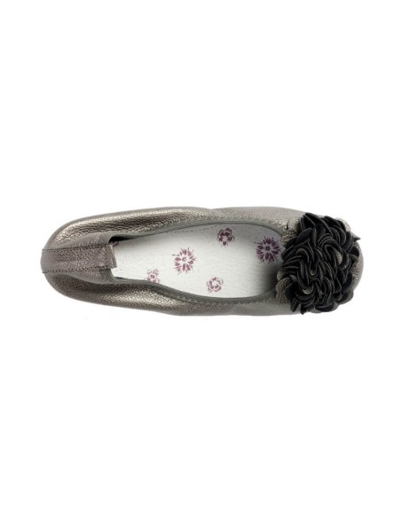 Ballerine gris métal pour femme qualité supérieure à fleurs MONCEAU