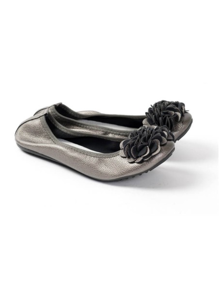 Ballerine gris métal pour femme qualité supérieure à fleurs MONCEAU