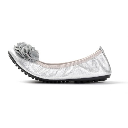Ballerine couleur argent pour femme plate et souple à fleurs MONCEAU