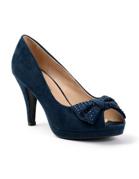 Escarpin femme simili cuir bout ouvert à strass bleu Agnès