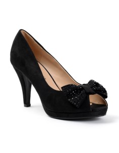 Escarpin femme  à nœud et strass aspect daim noir Agnès