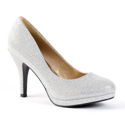 Escarpin femme de soirée simili cuir à talon paillette argentée SOFIA