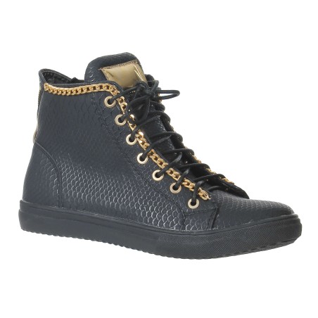 Baskets femme  cuir avec lacets noire et leseret doré TENDANCE