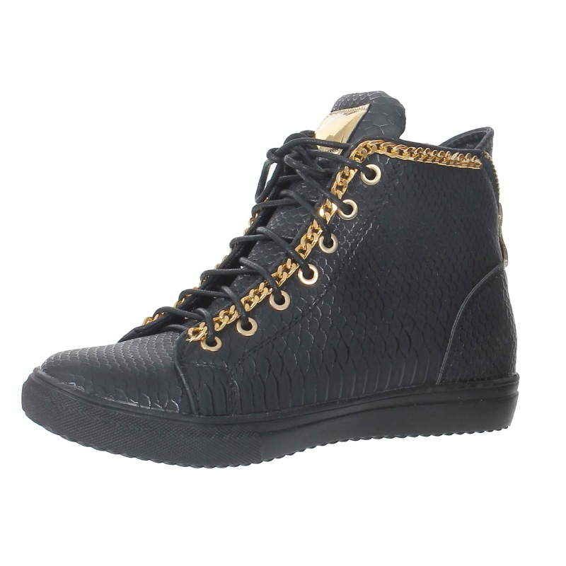 Baskets femme  cuir avec lacets noire et leseret doré TENDANCE Baskets femme  cuir avec lacets noire et leseret doré TENDANCE