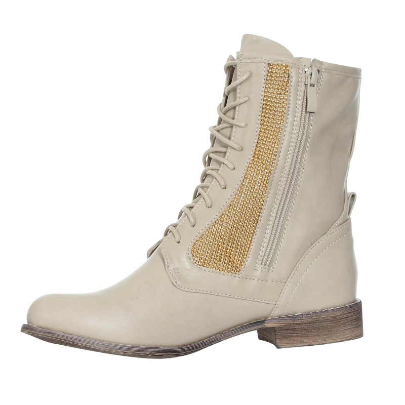 Bottine femme simili cuir beige zippée à mailles dorées  Alis Bottine femme simili cuir beige zippée à mailles dorées  Alis