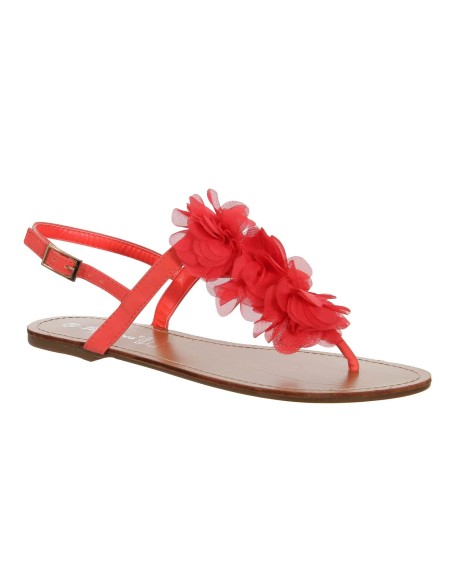 Sandale femme simili cuir plate à fleur corail MALAGA