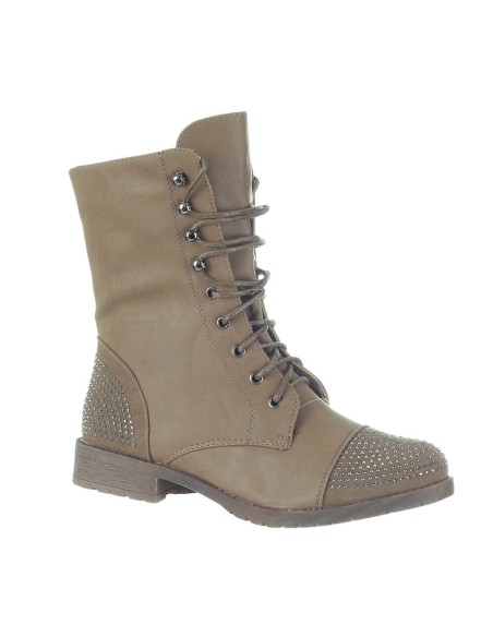 Bottine femme simili cuir montante clous dorés et lacet kaki Veronica