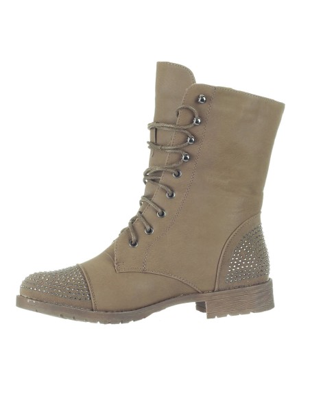 Bottine femme simili cuir montante clous dorés et lacet kaki Veronica