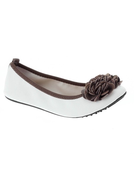 Ballerine femme souple  cuir couleur blanc et taupe à fleur MONCEAU