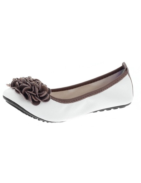 Ballerine femme souple  cuir couleur blanc et taupe à fleur MONCEAU