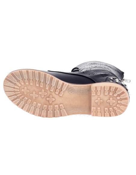 Bottine cuir perforée noire à lacets et zip clous et strass Nelly