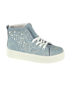 Basket femme compensée texture bleu clair à perle et lacets CLARA