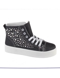 Basket femme compensée noir à lacets et perle CLARA