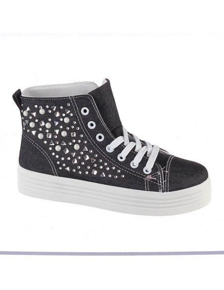 Basket femme compensée noir à lacets et perle CLARA