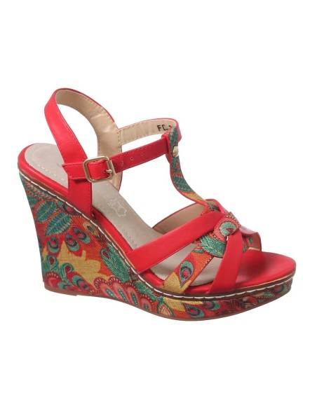 Sandale femme simili cuir compensé rouge à fleurs avec brides FINA