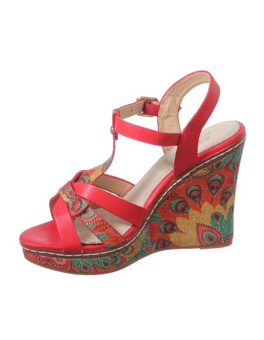 Sandale femme simili cuir compensé rouge à fleurs avec brides FINA Sandale femme simili cuir compensé rouge à fleurs avec brides FINA