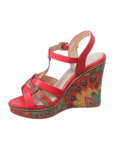 Sandale femme simili cuir compensé rouge à fleurs avec brides FINA