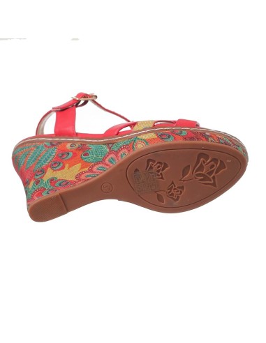 Sandale femme simili cuir compensé rouge à fleurs avec brides FINA Sandale femme simili cuir compensé rouge à fleurs avec brides FINA