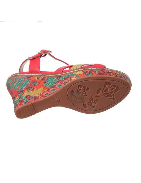 Sandale femme simili cuir compensé rouge à fleurs avec brides FINA