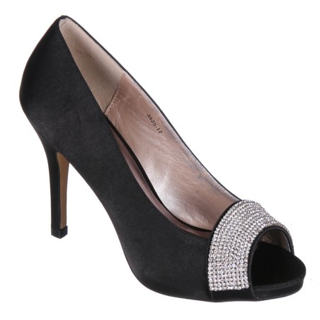 Escarpin femme simili cuiret  satin noir et strass à talon Olga