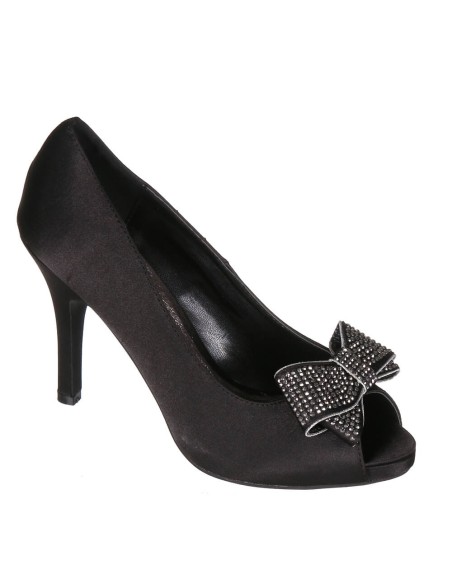 Escarpin de soirée cuir satin à talon et nœud avec strass noir VANIA