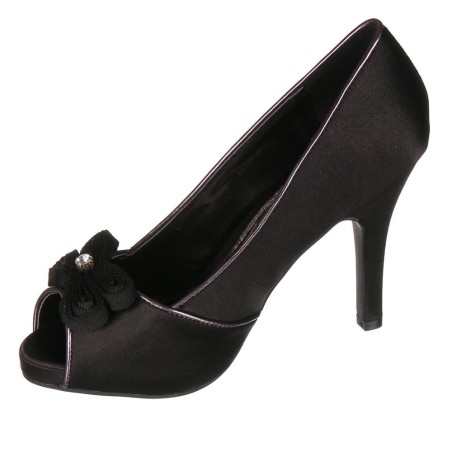 Escarpin femme simili cuir satin noir à talon pour soirée et fête VERA