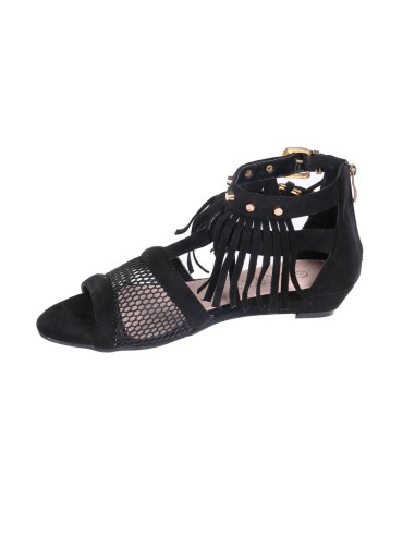 Sandale femme simili cuir compensée à franges noir LUCIA Sandale femme simili cuir compensée à franges noir LUCIA