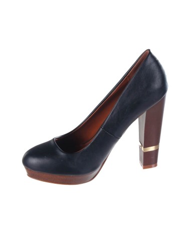 Escarpin femme simili cuir noir à talon marron LYDIA  Escarpin femme simili cuir noir à talon marron LYDIA