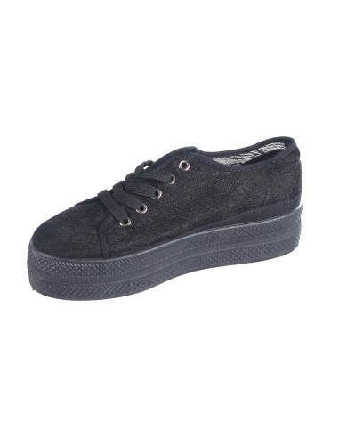 Basket semelle compensée à dentelle et lacets noir stylée Anastasia Basket semelle compensée à dentelle et lacets noir stylée Anastasia