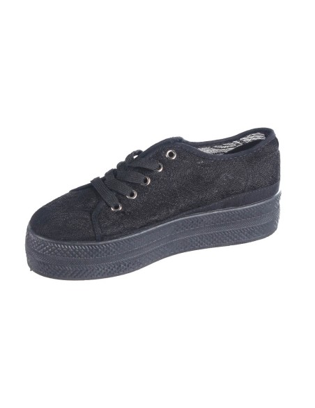 Basket semelle compensée à dentelle et lacets noir stylée Anastasia