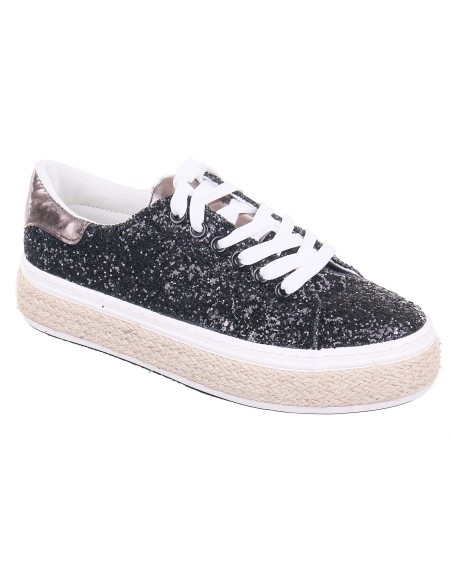 Espadrilles femme compensées à strass noir ALIZIA