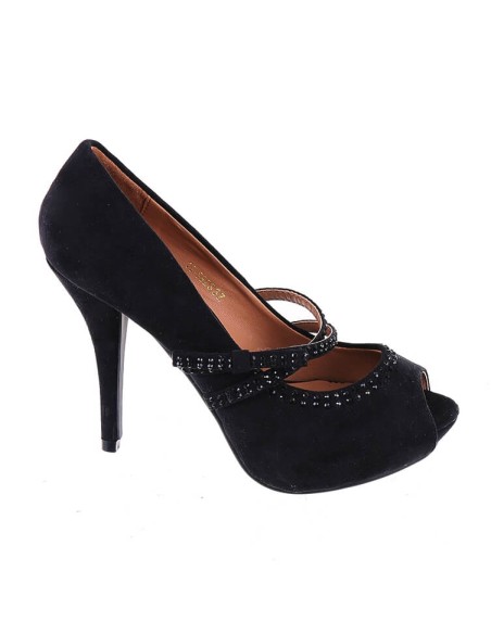 Escarpin femme aspect daim à talon et strass noires Jennifer