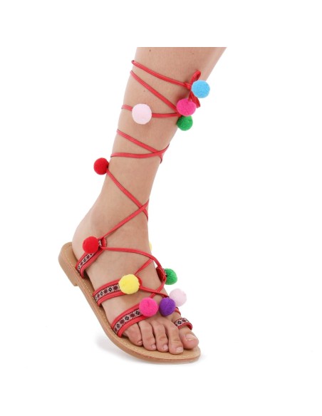 Sandales plate simii cuir pompons rouge Ahtènes