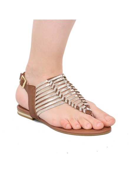Sandales femme simili cuir noir à lanière bronze SACHA
