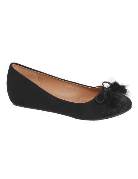 Ballerines compensées femme aspect daim à pompons noir