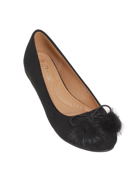 Ballerines compensées femme aspect daim à pompons noir