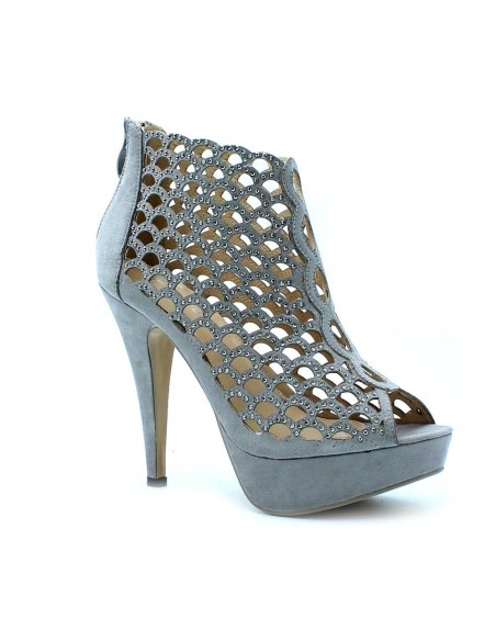 Escarpin talon aiguille aspect daim à trous et strass talon gris PERLA