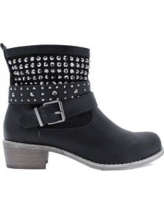 Bottine femme simili cuir et toile noire brodée à brides avec strass brillantes Mila