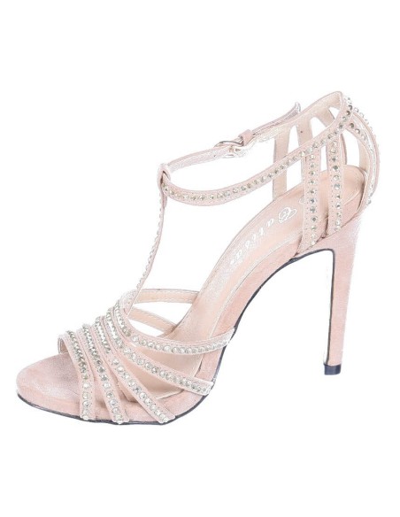 Escarpin  soirée à strass et haut talon beige fermeture à boucle MARLY