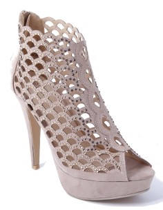 Escarpin aspect daim perforé strass et talon aiguille taupe PERLA