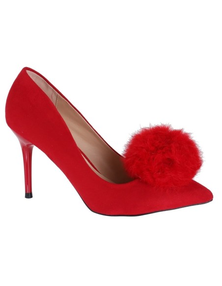Escarpins en suédine femme à talon aiguille et pompon rouge