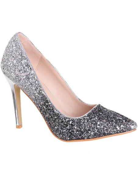 Escarpins avec strass pour femme à talon aiguille bicolore noir et gris FESTIN