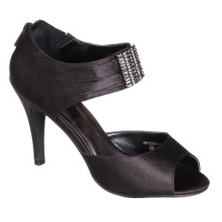 Escarpin à talon haut femme simili cuir satin noir à perles SANDRA