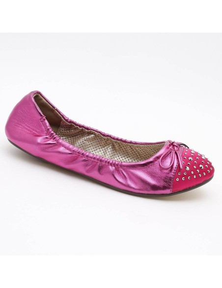 Ballerine souple simili cuir verni à strass et noeud fushia SANDRINE