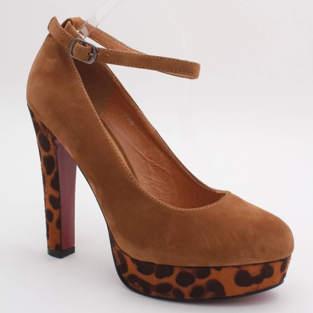 Escarpin femme aspect daim camel et léopard à talon LOLA