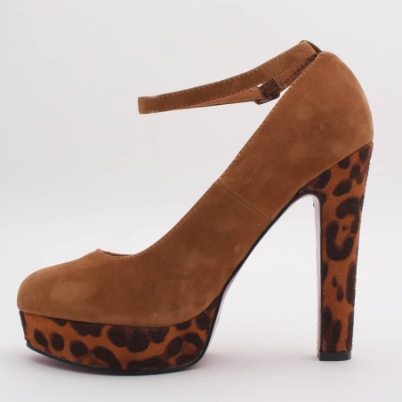 Escarpin femme aspect daim camel et léopard à talon LOLA